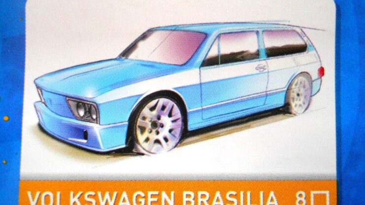 Ilustração da embalagem da miniatura Hot Wheels do Volkswagen Brasília.