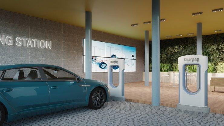Maquete virtual de posto de abastecimento de energia elétrica, com um carro elétrico em frente.