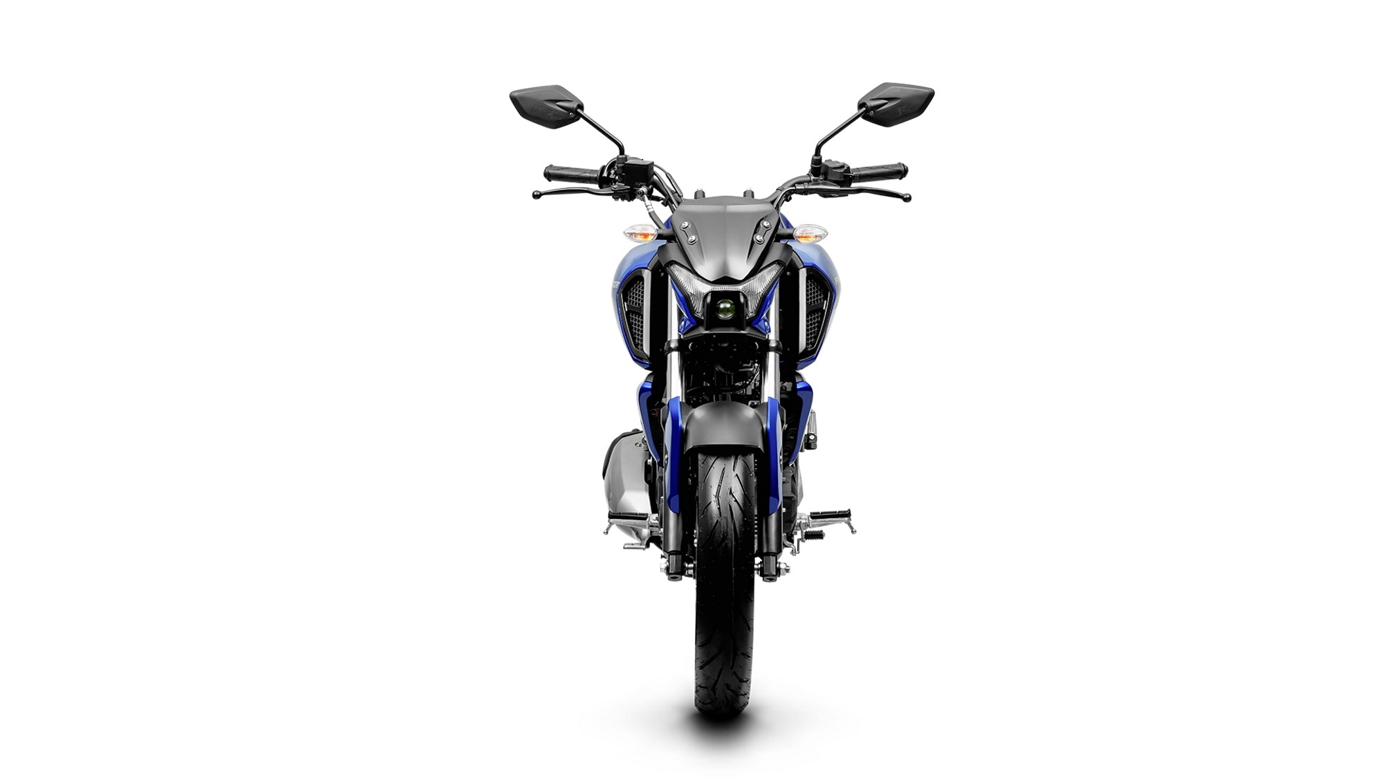 Yamaha Fazer FZ15 5 azul de frente no estúdio