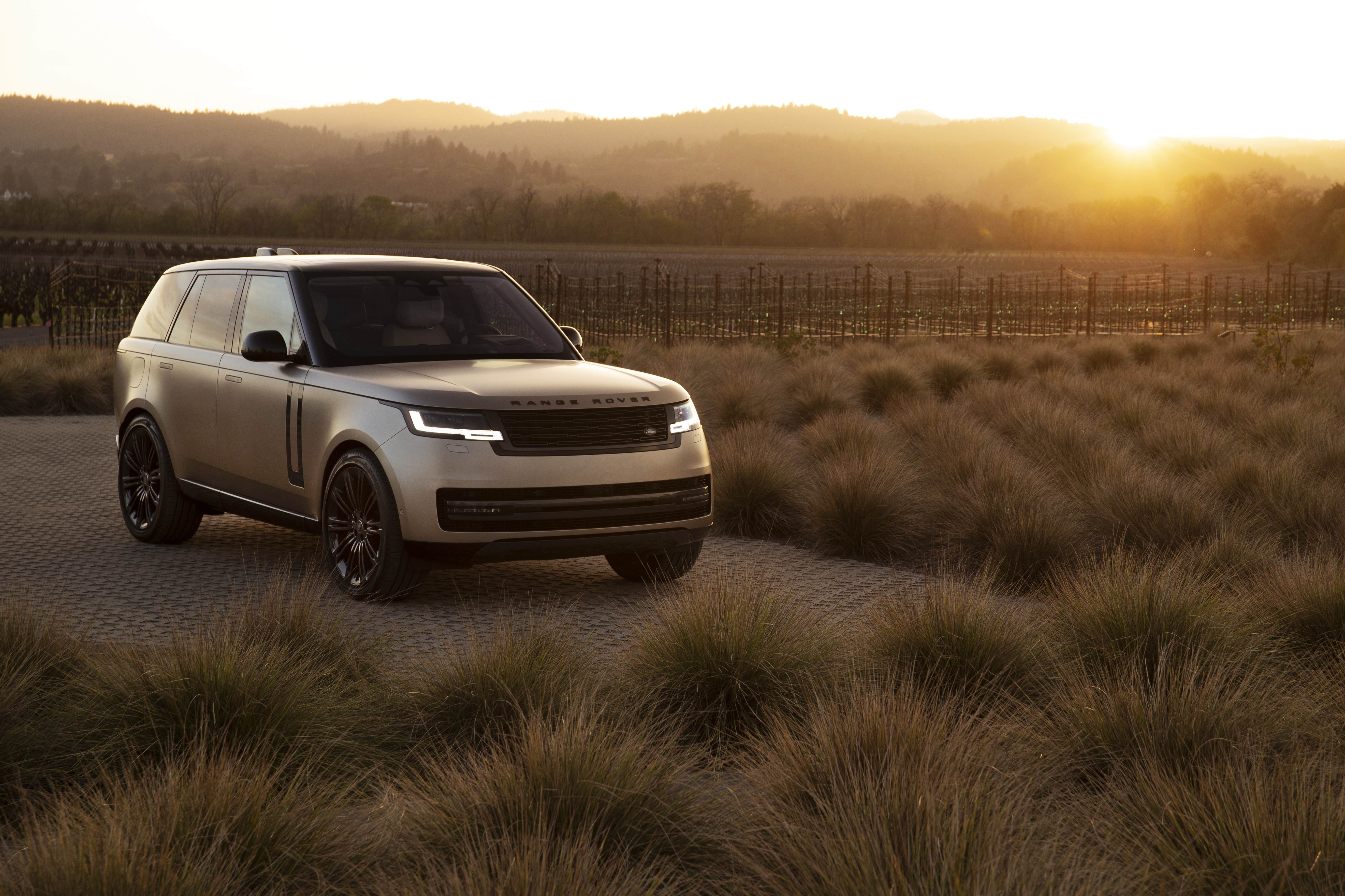 Novo Range Rover em tons de bege visto da diagonal frontal em campo com plantas e por do sol ao fundo. 