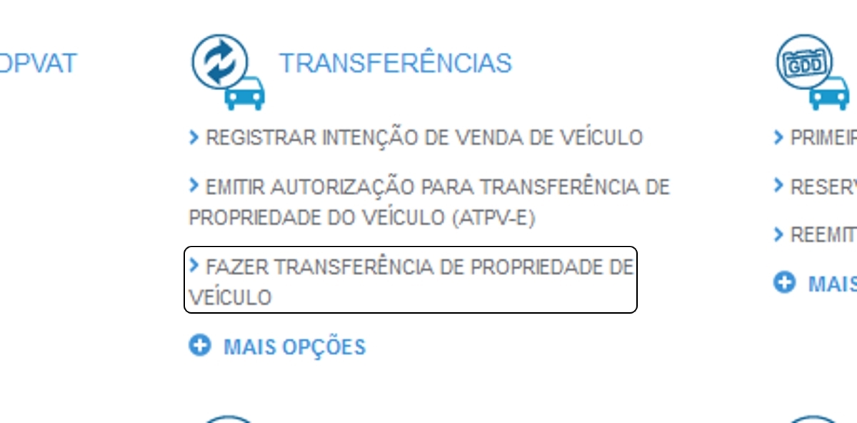 Reprodução de tela do site do Detran-MG na área destinada para transferir um veículo.