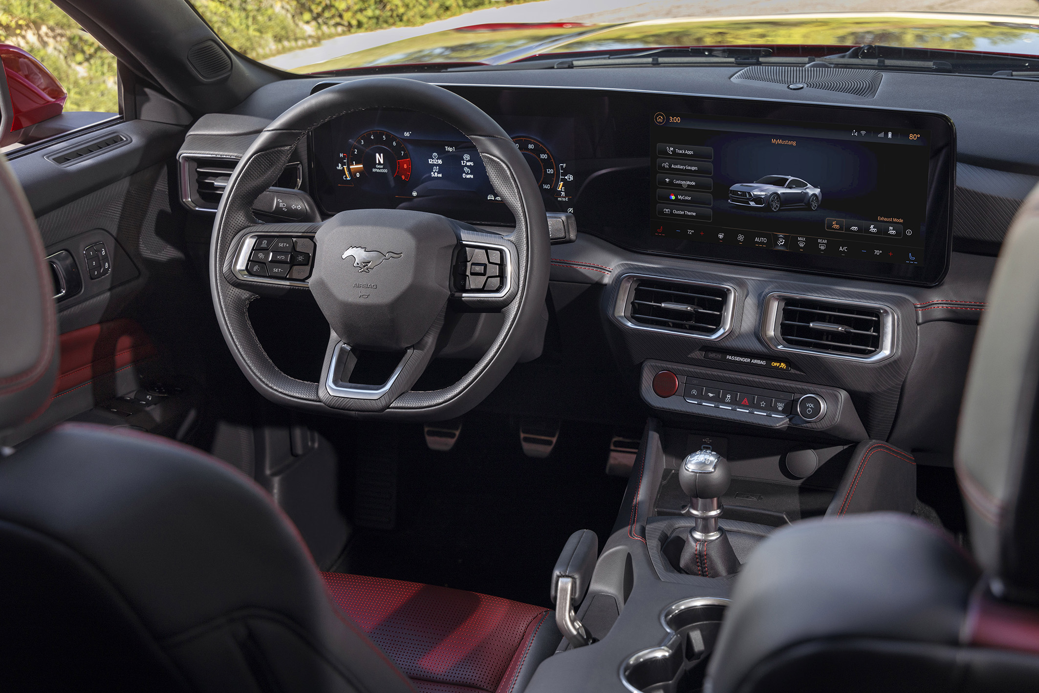 Interior front of the new Mustang with dashboard and steering wheel. 