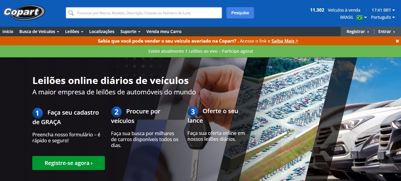 Printscreen do site da Copart, empresa leiloeira de carros 