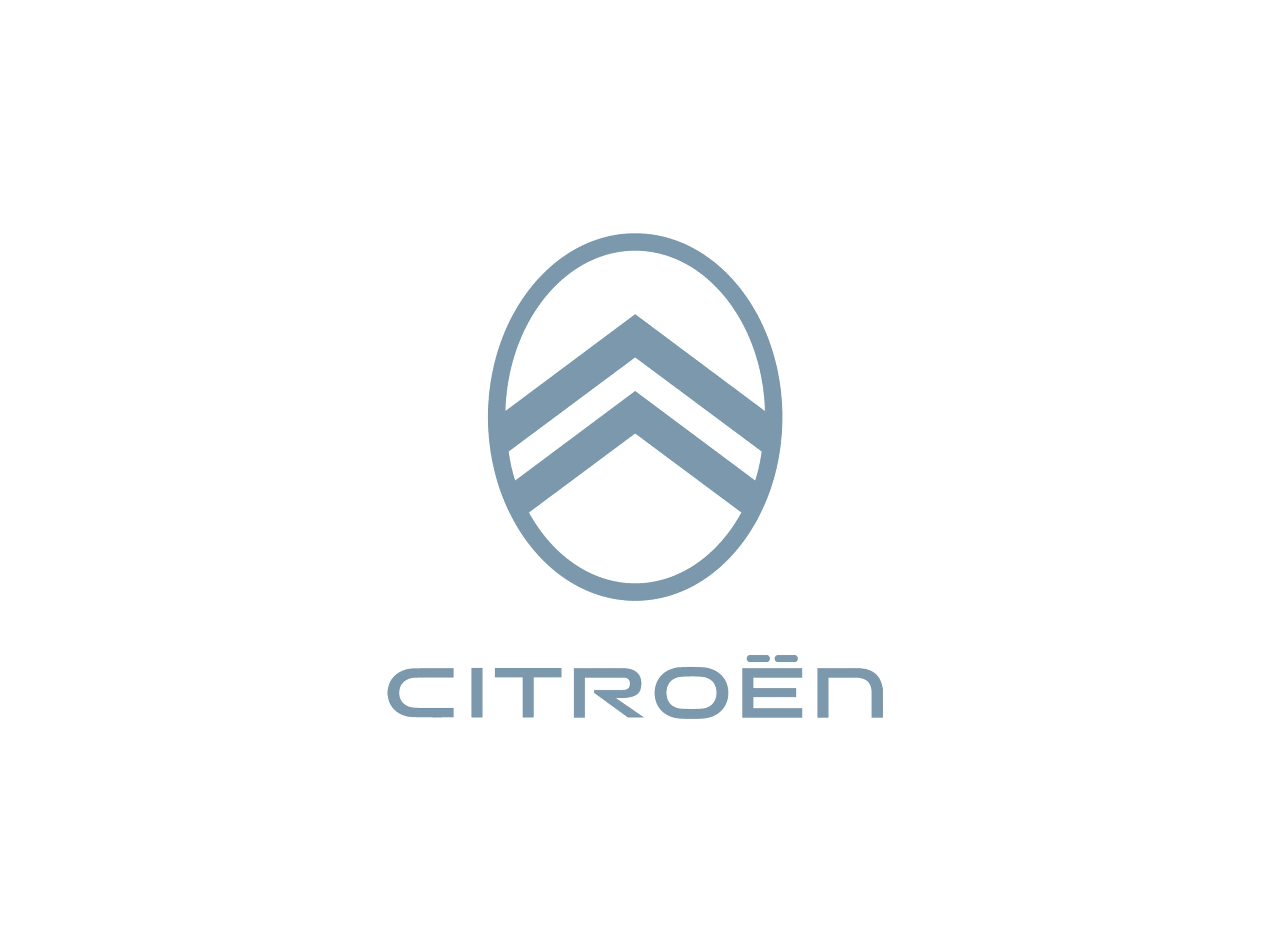Novo identidade visual da Citroën com logotipo com moldura oval, chevrons mais largos e tom de azul. 