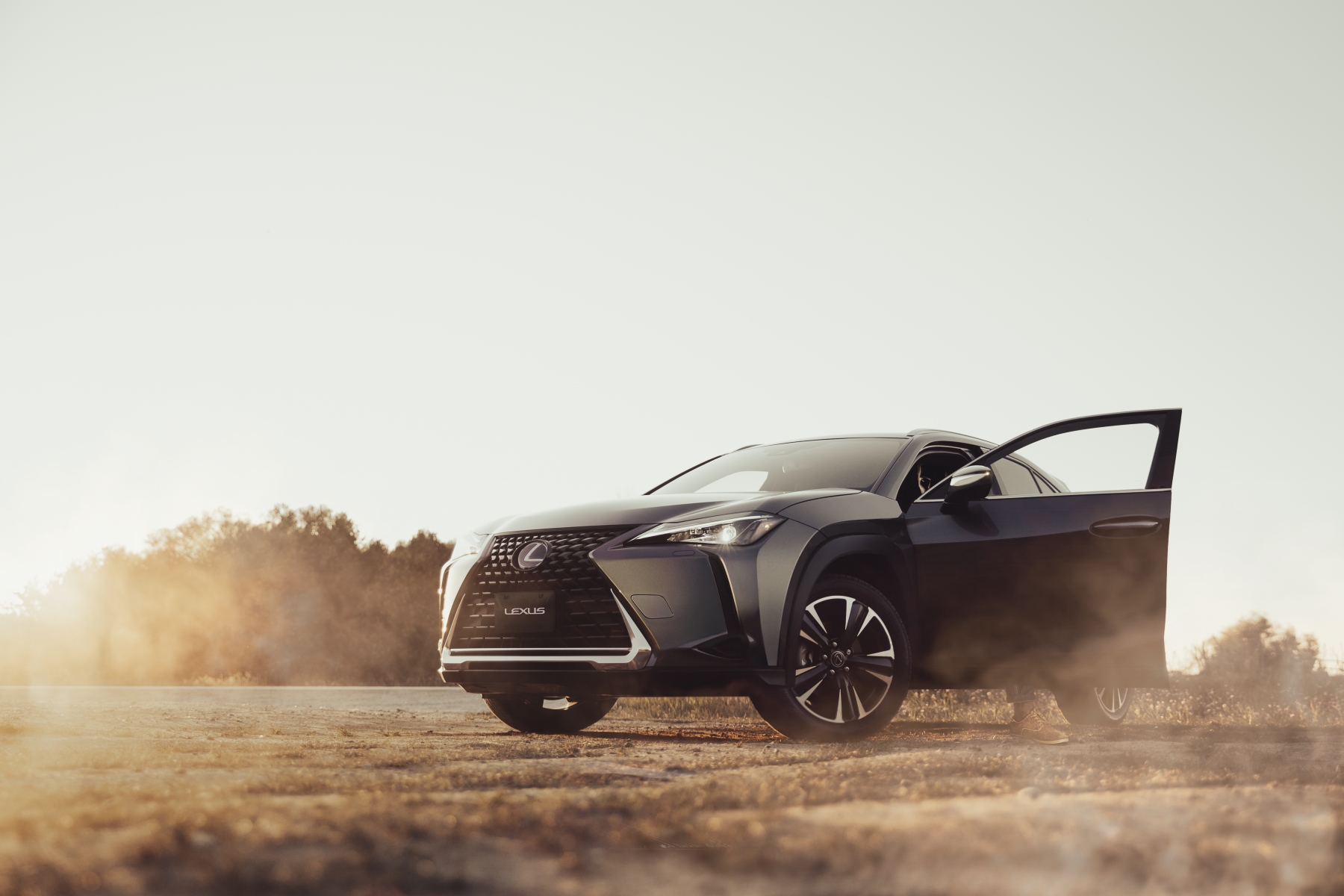 Lexus UX 250h modelo 2023 cinza escuro de frente na terra com porta aberta