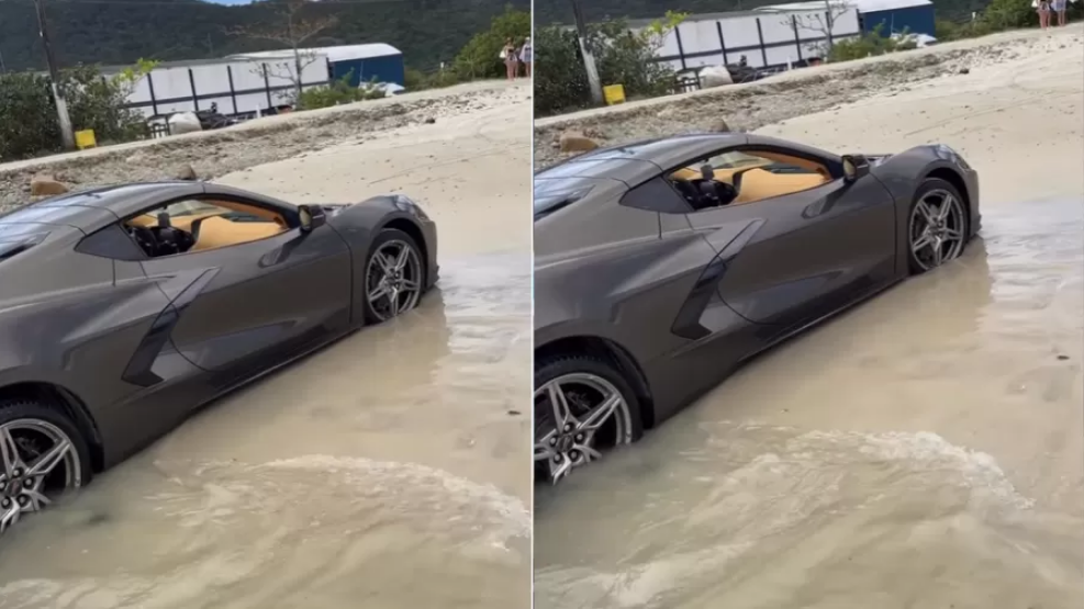 Corvette conversível de 73 mil dólares atola em praia de SC