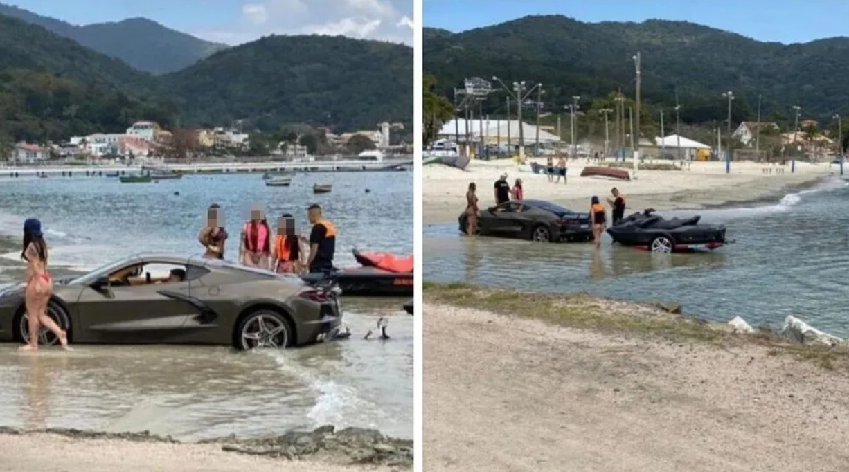 Diversos banhistas cercam o Corvette atolado em praia 