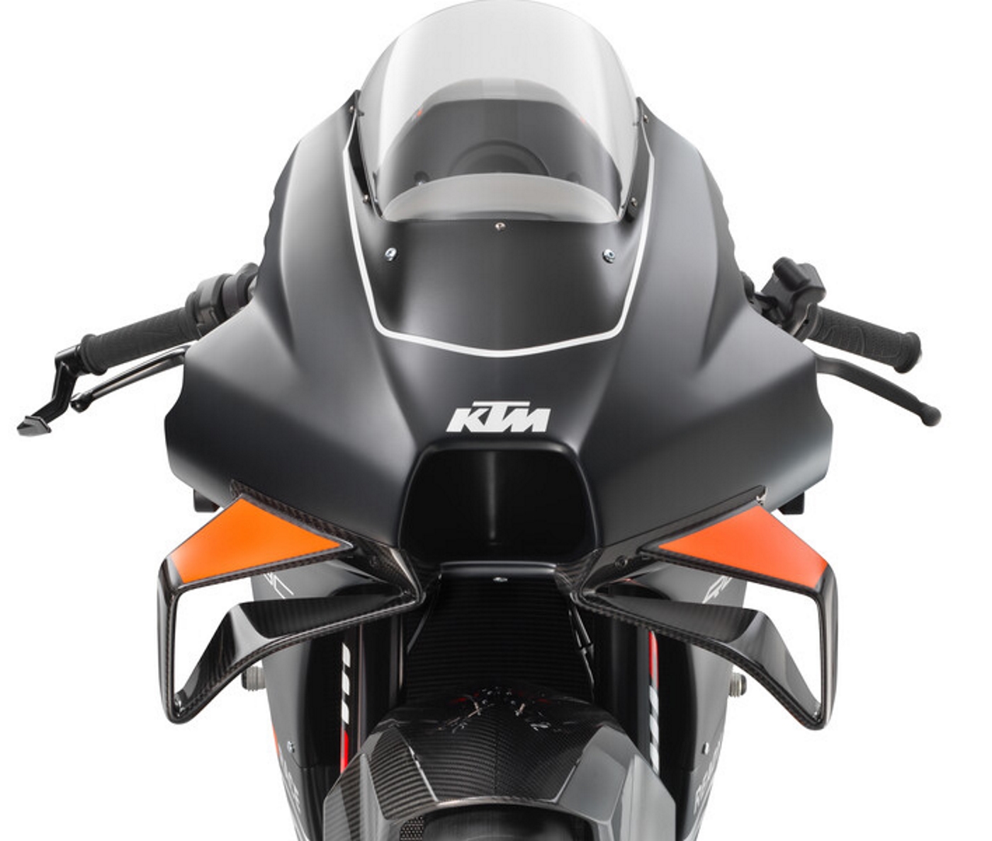 KTM RC 8C modelo 2023 edição limitada laranja e preto detalhe da frente carenagem para-brisa no estúdio