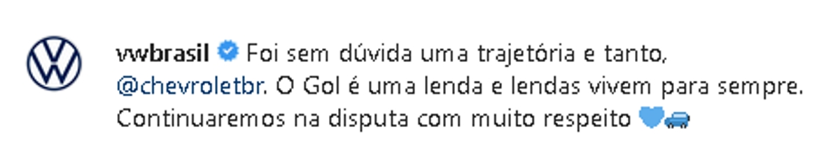Chevrolet publica mensagem de despedida para o Volkswagen Gol em nome do Chevrolet Onix.