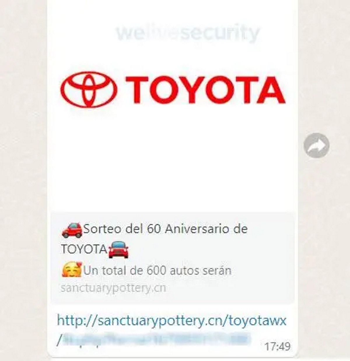 Print que mostra a mensagem do golpe do Toyota Corolla no Whatsapp.