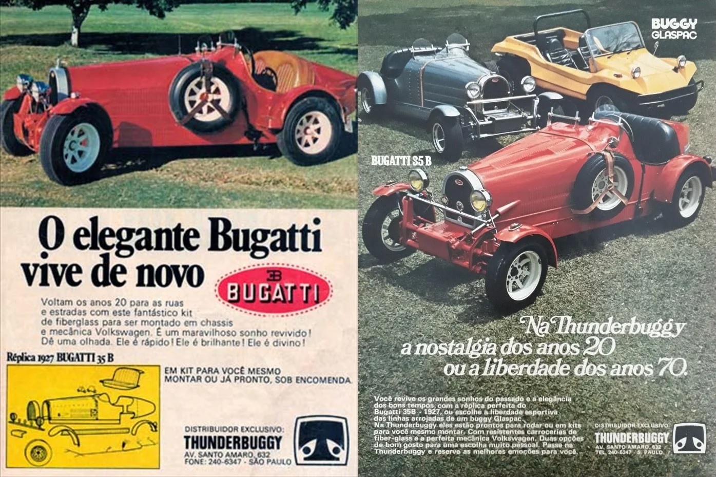 Imagens publicitárias do Thunderbuggy 35 B, carro nacional réplica de Bugatti 1927