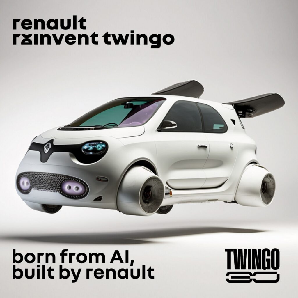 Cartaz sobre o desafio Reinvent Twingo. A versão aparece voando.