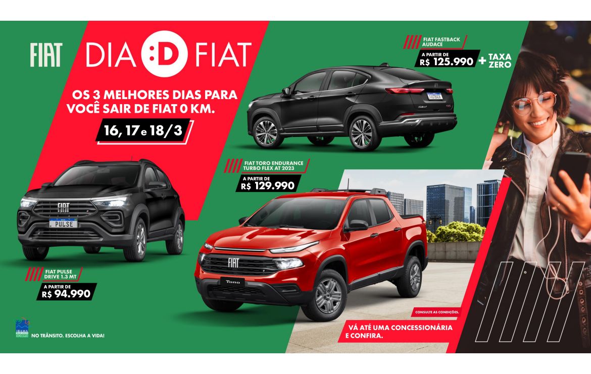 Imagem da campanha promocional da Fiat. Nela, há os modelos Pulse, Toro e Fastback com seus preços promocionais. 