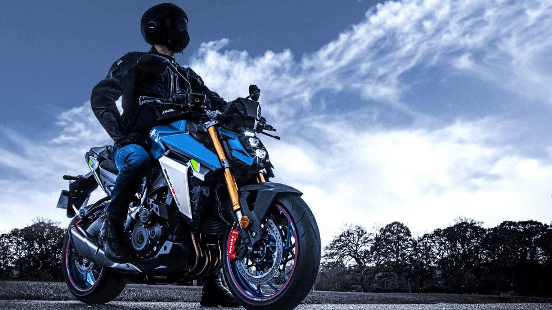 Suzuki GSX-S 1000 azul de frente estacionada