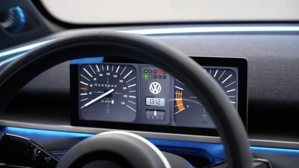 Volkswagen ID.2all Concept tem quadro de instrumentos e  multimídia com layouts que remetem ao Fusca e ao Golf: nesta imagem, instrumentos do Golf.