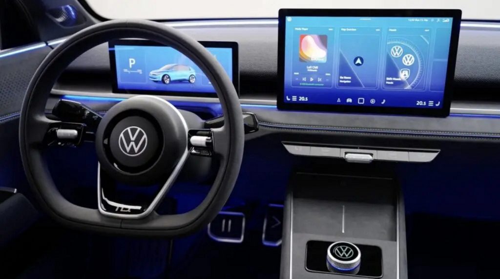 Volkswagen ID.2all Concept tem quadro de instrumentos e  multimídia com layouts que remetem ao Fusca e ao Golf: nesta imagem, modo ID.2you.