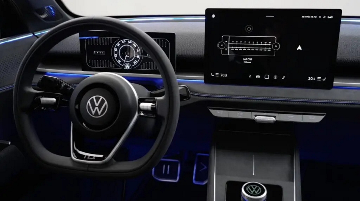 Volkswagen ID.2all Concept tem quadro de instrumentos e  multimídia com layouts que remetem ao Fusca e ao Golf: nesta imagem, instrumentos do Fusca.