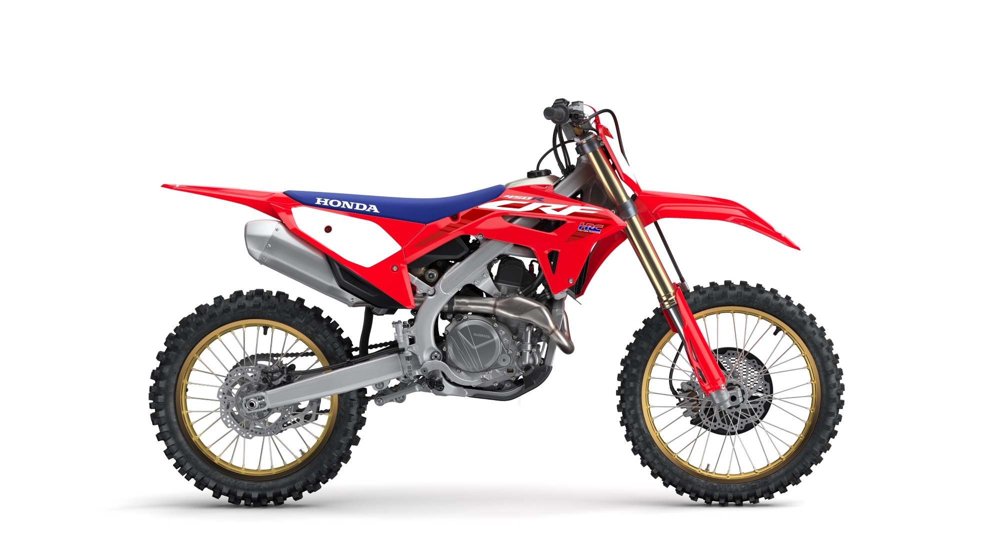 honda crf 450r 50 anos modelo 2023 de lateral vermelho azul estatico estudio