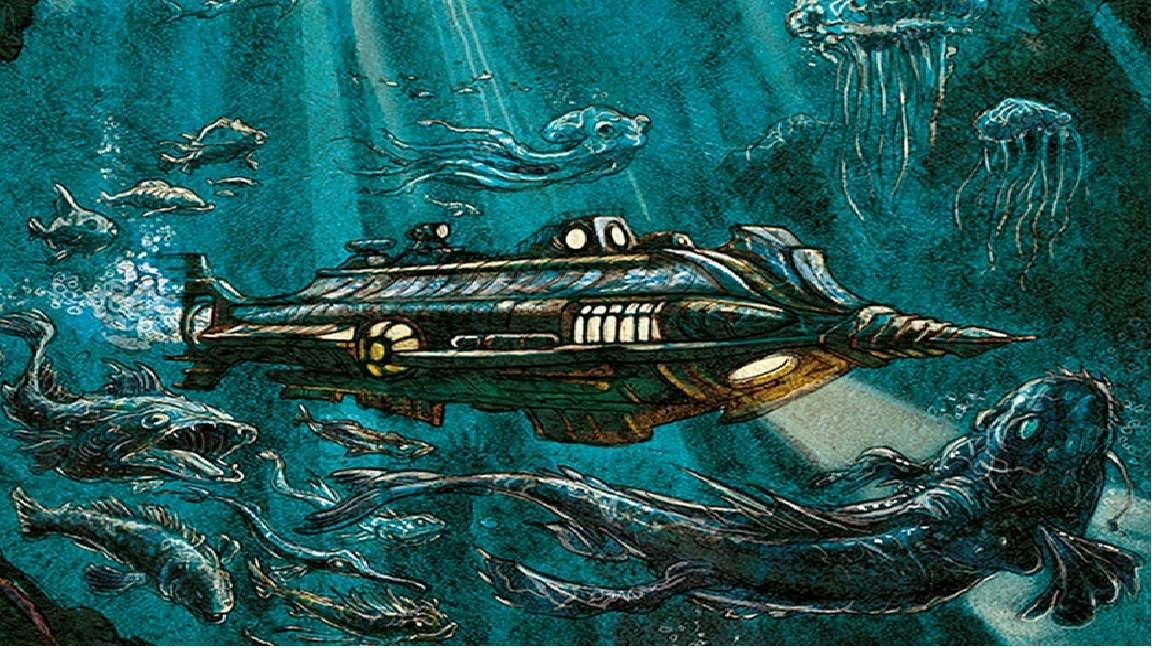 Imagem do submarino Nautilus do livro vinte mil leguas subamarinas de julio verne, 1870