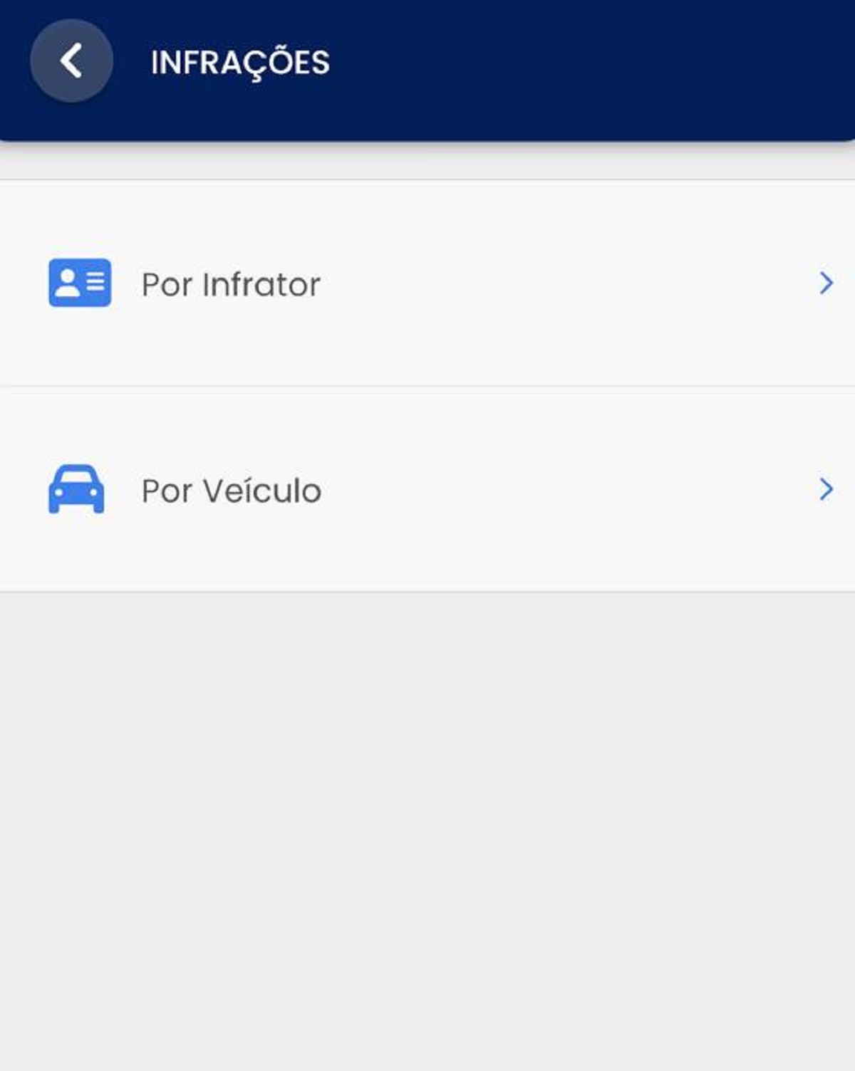 Tela para selecionar se a infração é por infrator ou veículo. 
