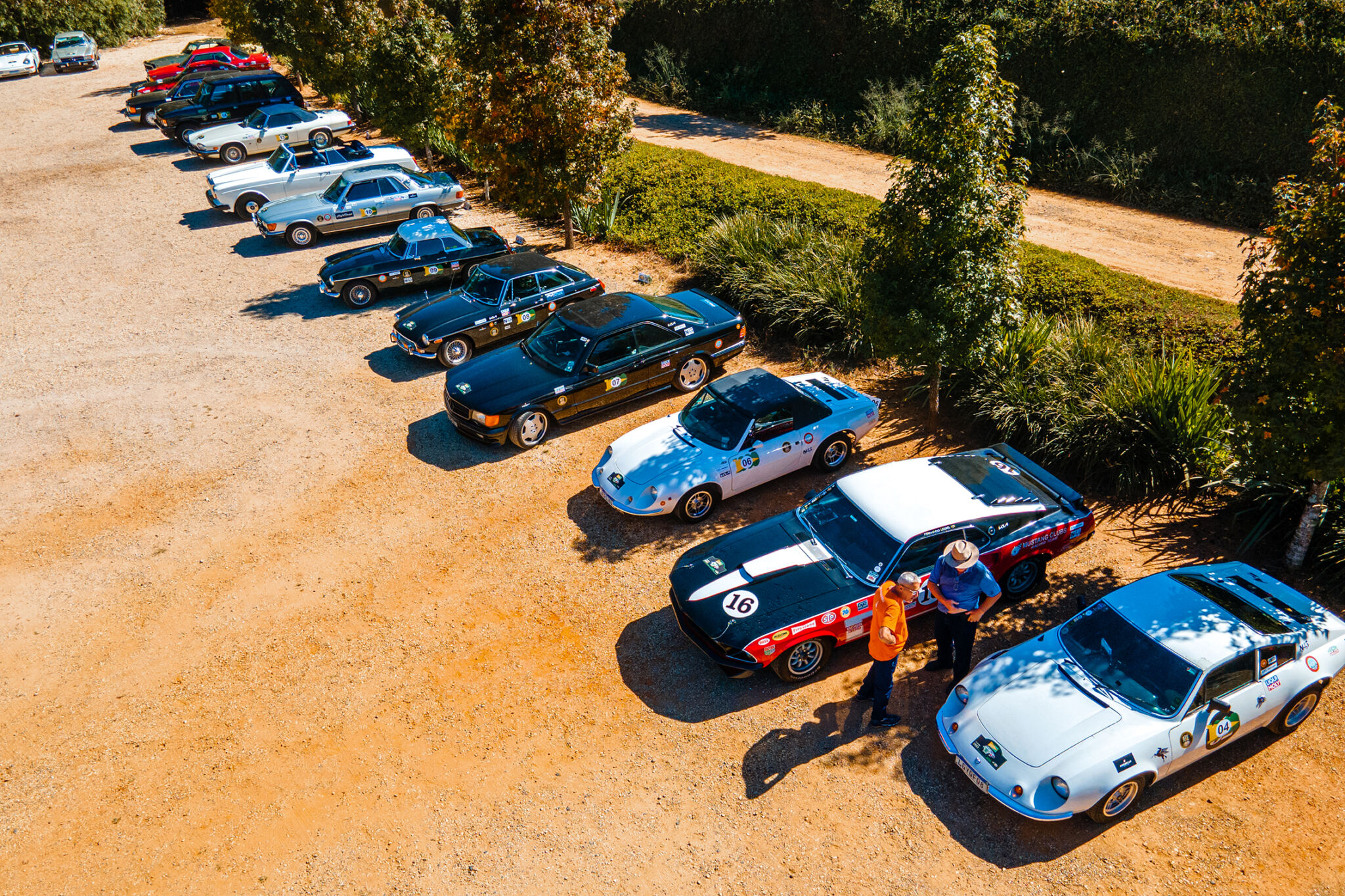 Carros antigos que participavam do rally estacionados lado a lado.