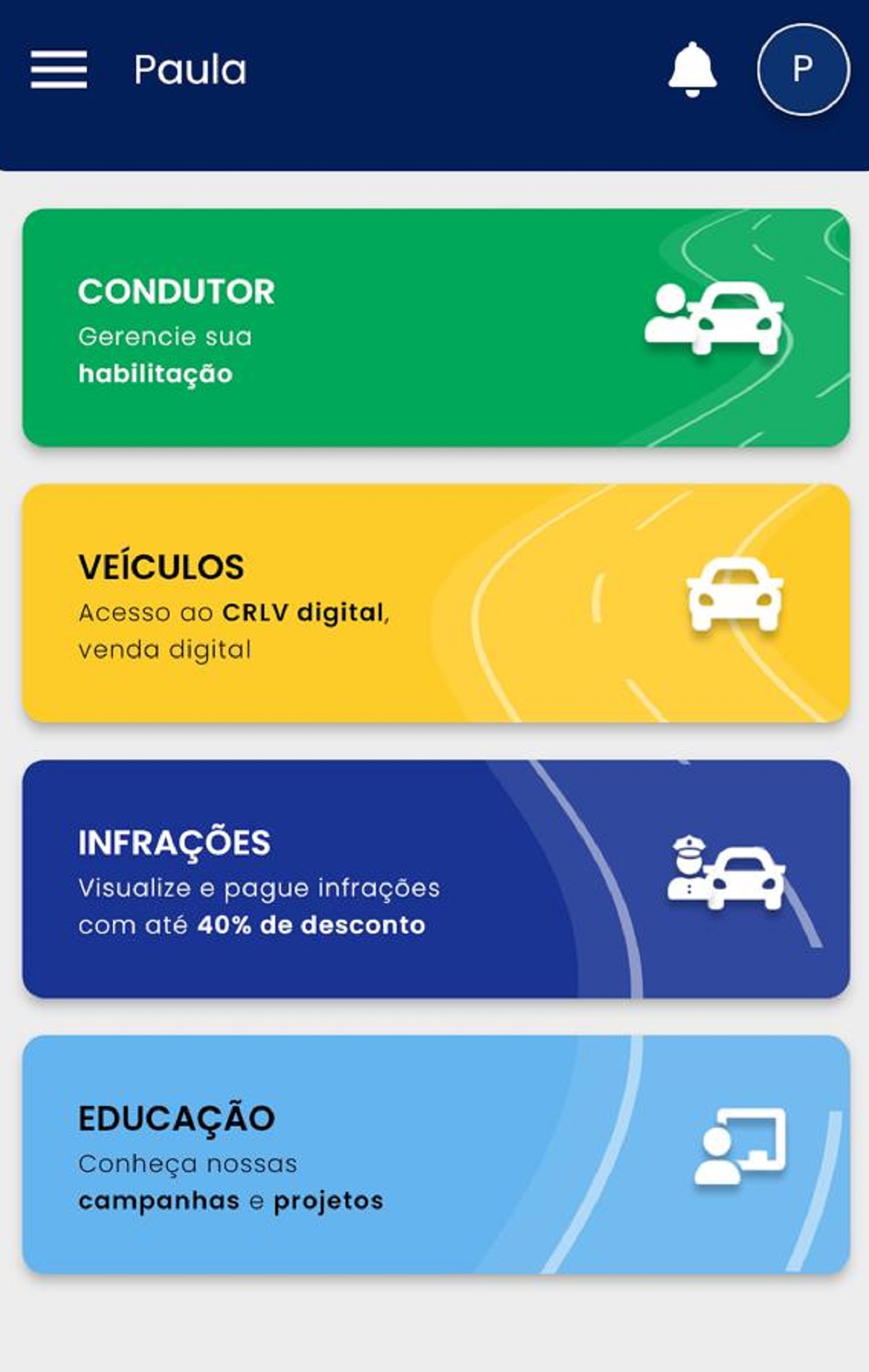 Tela central do aplicativo da CNH digital. Ai está a opção "infrações". 