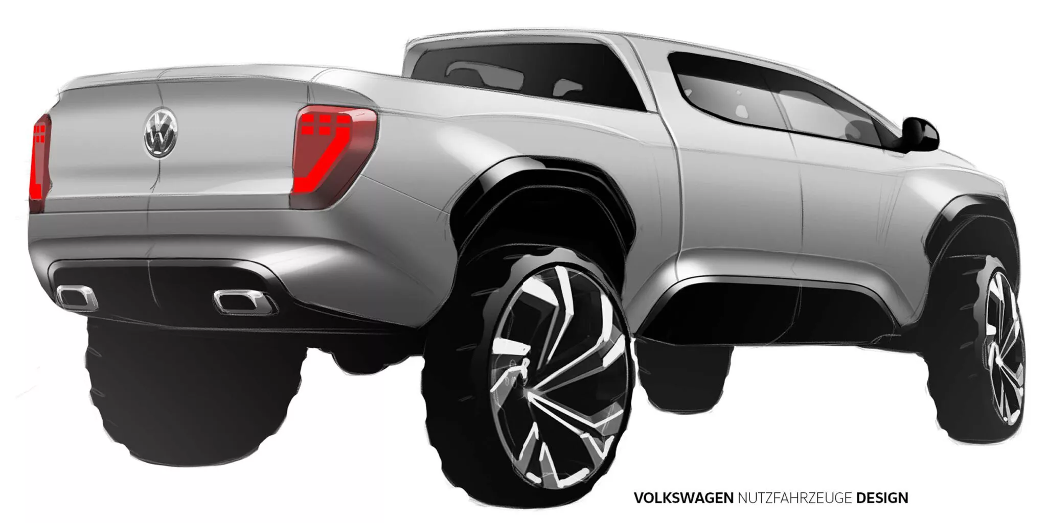 Desenho da picape Amarok. Ela é vista da diagonal traseira.