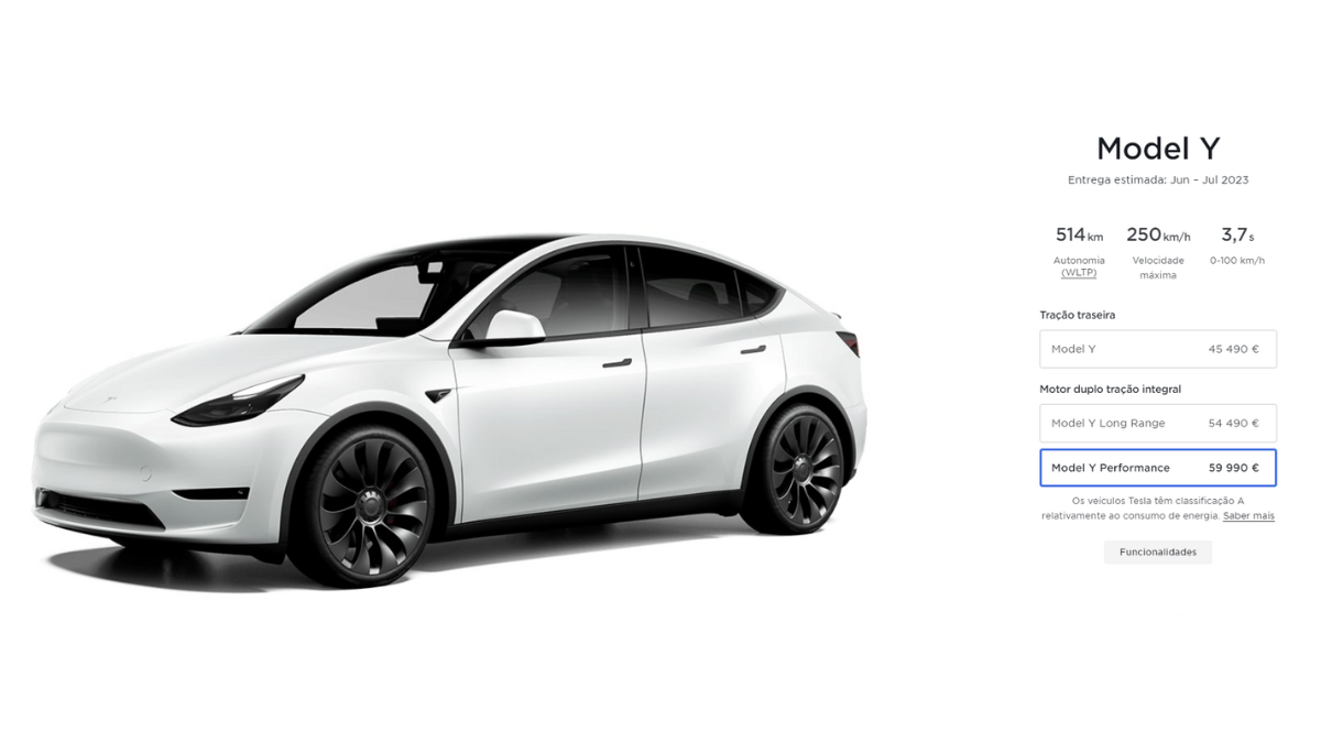 Foto site da Tesla do Model Y topo de linha Performance