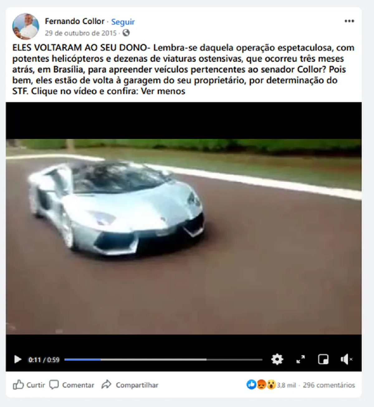 Publicação do Facebook de Fernando Collor. Nela, ele fala que recuperou os veículos apreendidos pela PF. 