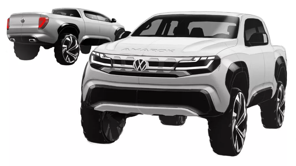 Desenho da picape Amarok. Ela aparece de frente e de trás.