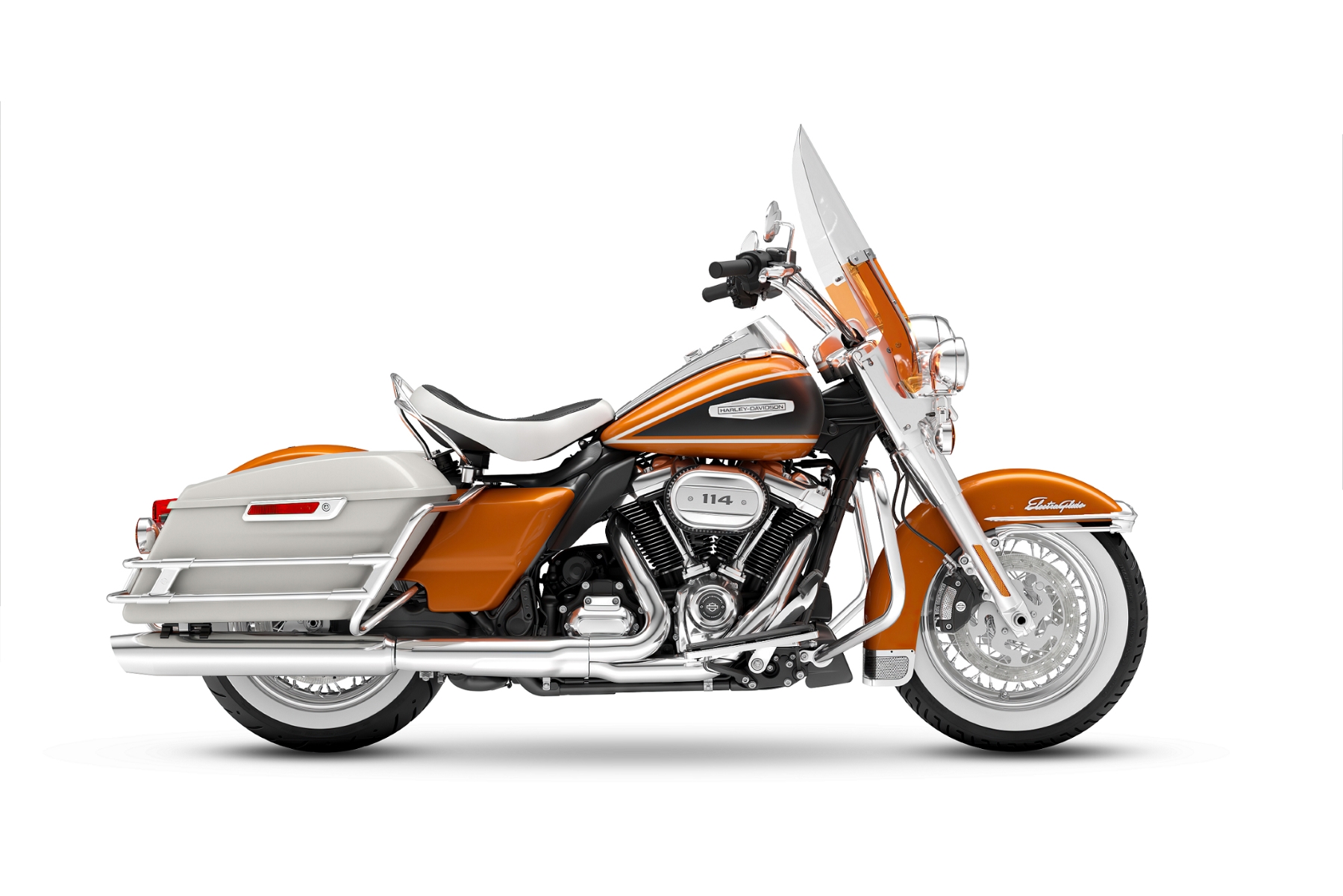 harley davidson electra glide highway king laranja de lateral estatica no estudio