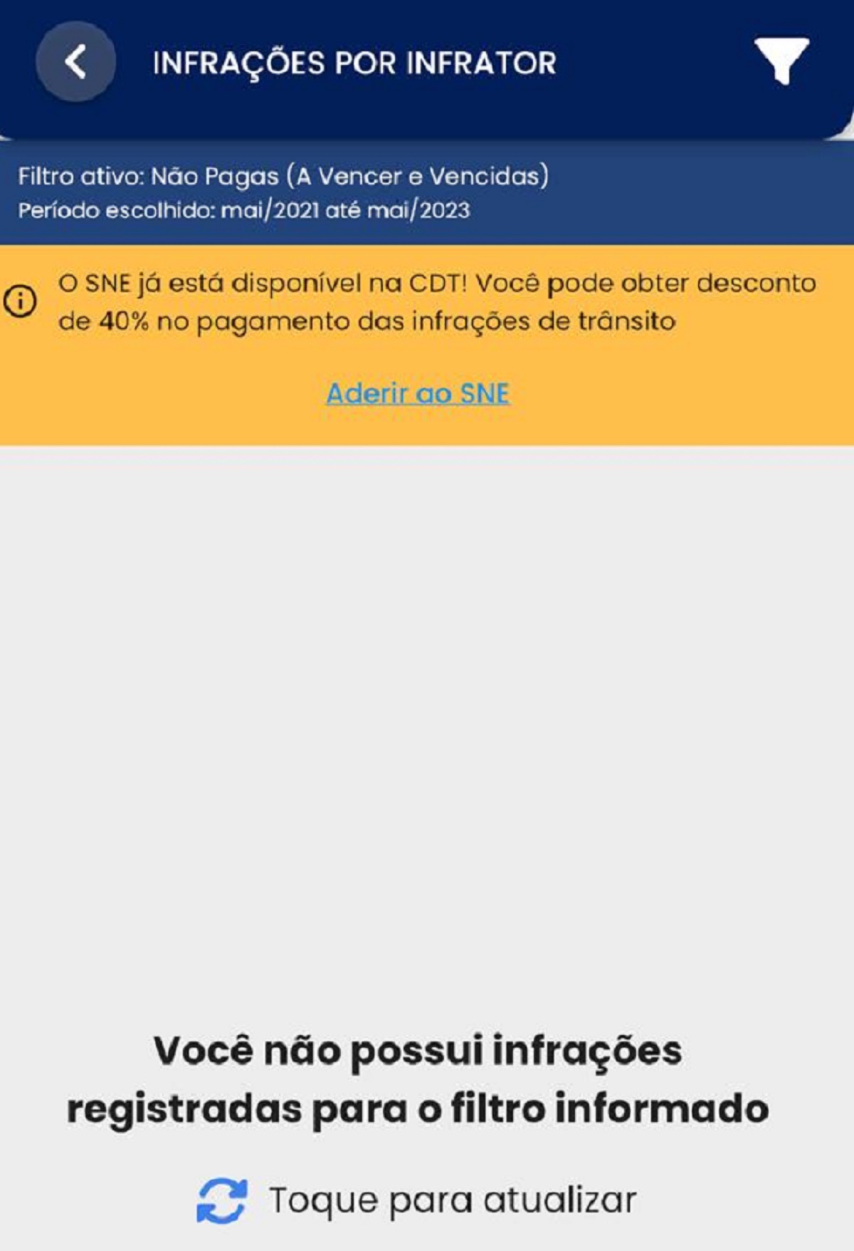 Tela para adesão ao SNE. Assim, o pagamento das multas de trânsito poderão ter 40% de desconto. 