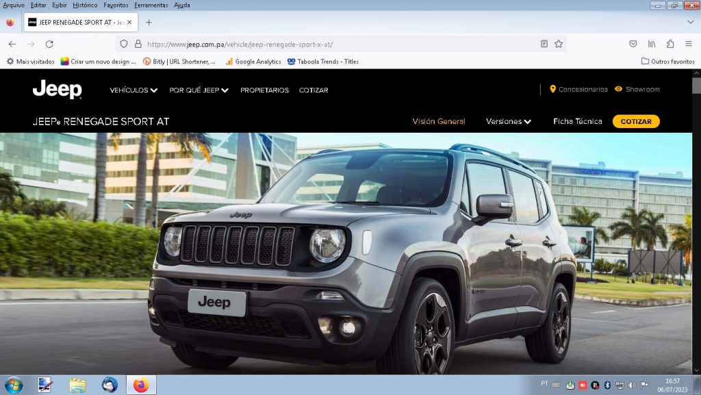 Captura de tela do site da Jeep no Panamá, onde o Renegade é o pre´-reestilização.