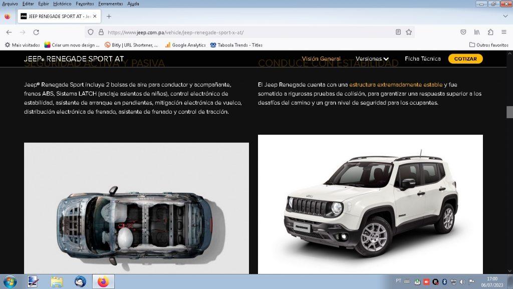 Captura de tela do site da Jeep no Panamá, onde o Renegade é o pre´-reestilização, com apenas 2 airbags.