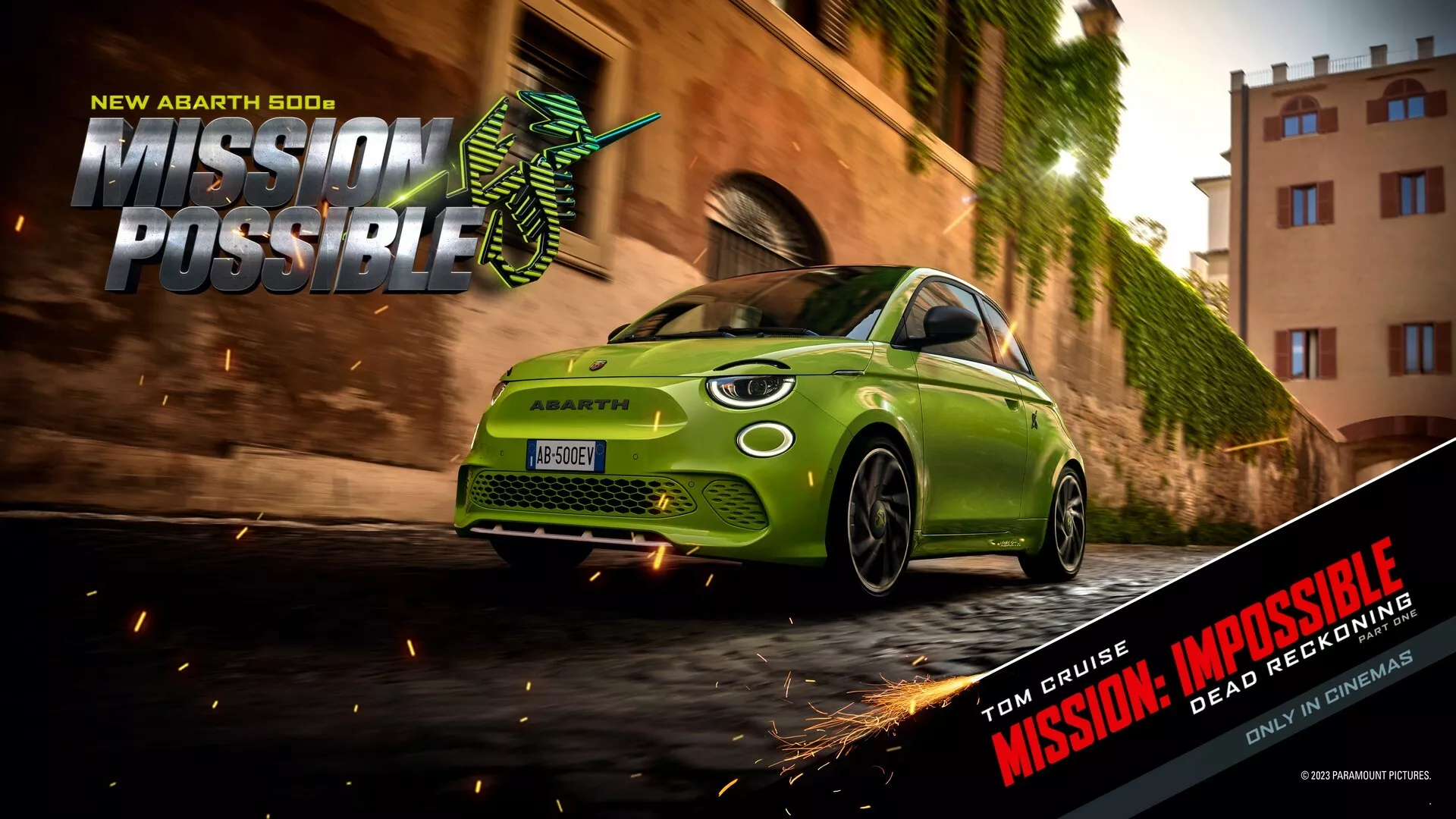 Novo Fiat Abarth 500e amarelo no pôster do novo Missão Impossível 