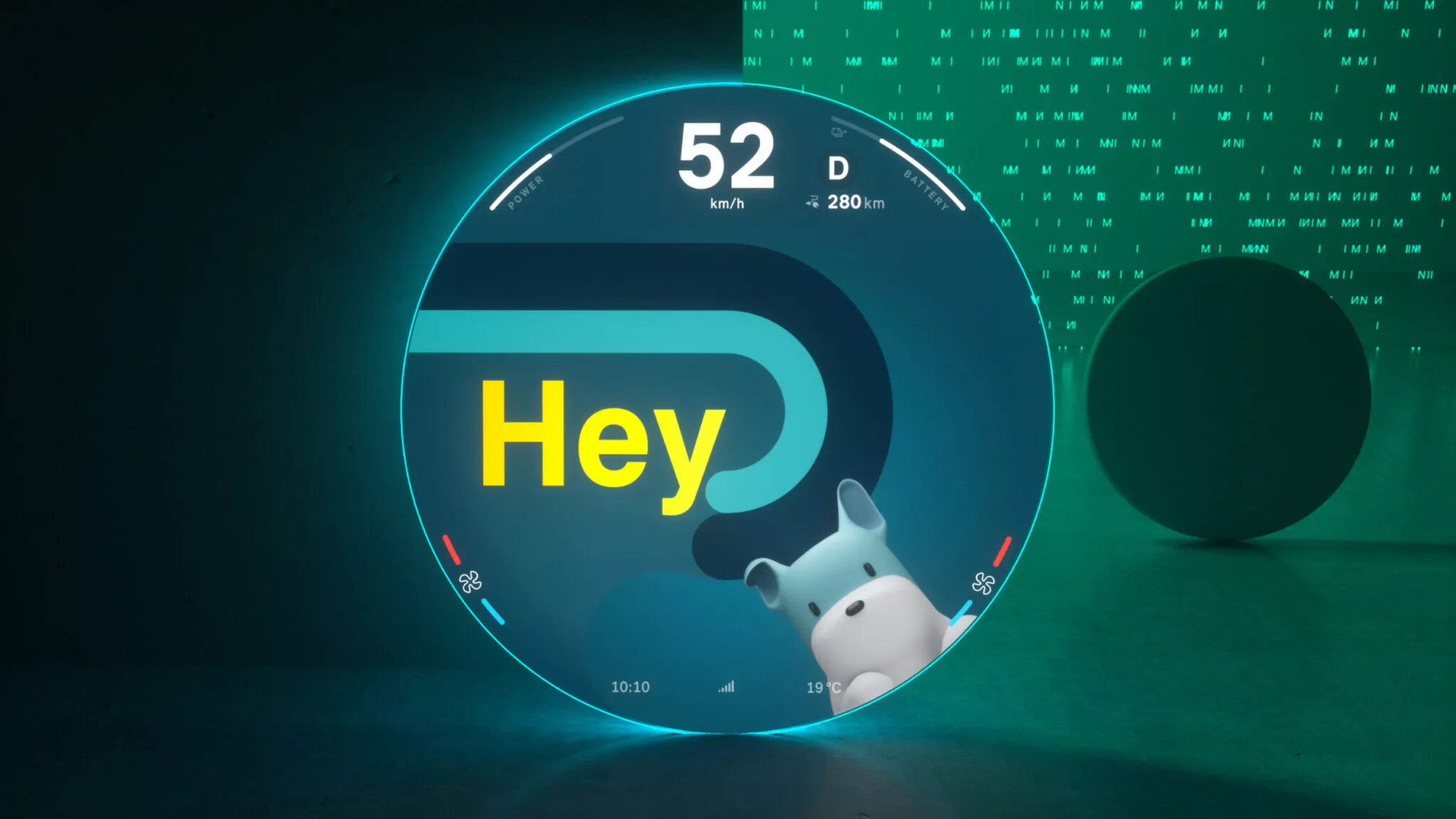 Assistente de voz com avatar de cachorro na nova central multimídia do Mini Cooper 2025. 