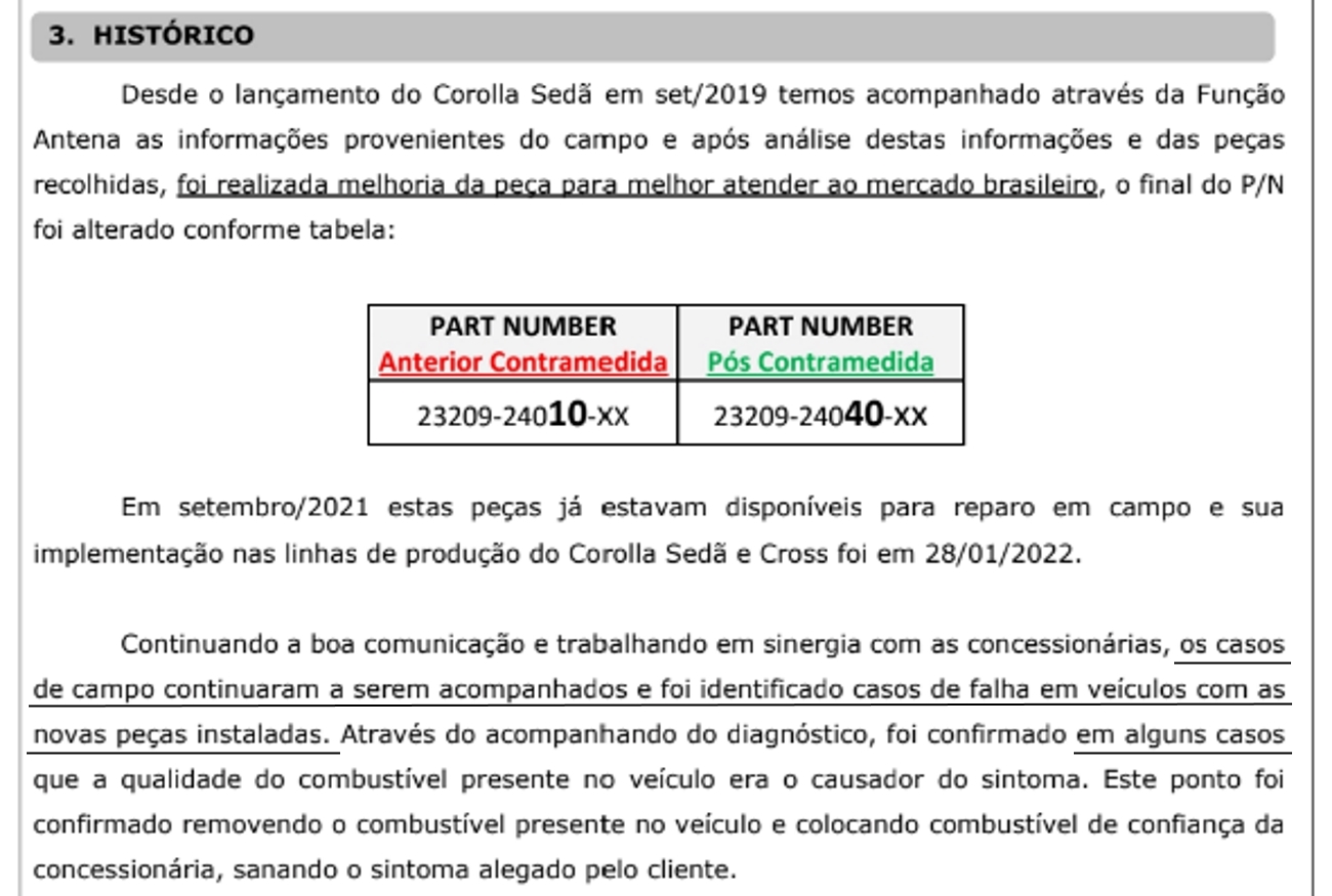 Documento da Toyota reporta a falha no injetor de alta pressão do Corolla e do Corolla Cross.