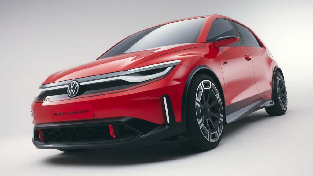 Novo Volkswagen ID GTI Concept vermelho visto da diagonal frontal.