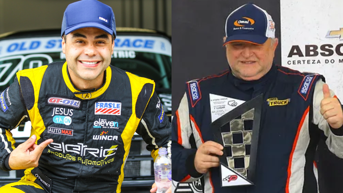 pilotos Kleber Eletric e Luiz Carlos Zapelini que lideram a corrida Old Stock Race em autódromo 