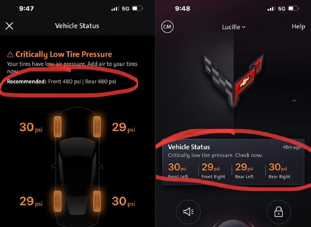 Pane no sistema multimídia MyLink, da Chevrolet, recomenda calibrar os pneus com até 1.000 psi