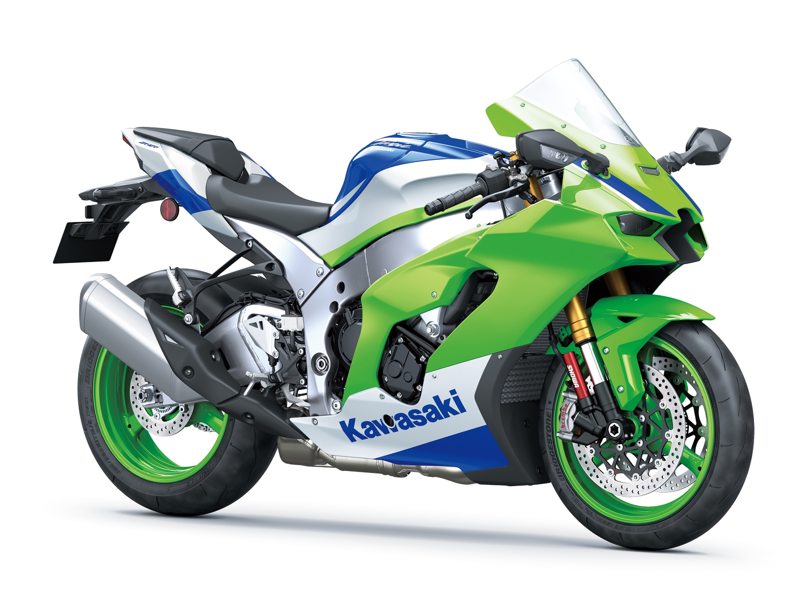 kawasaki zx 10r 40th anniversary verde azul branco de frente lateral estatica no estudio