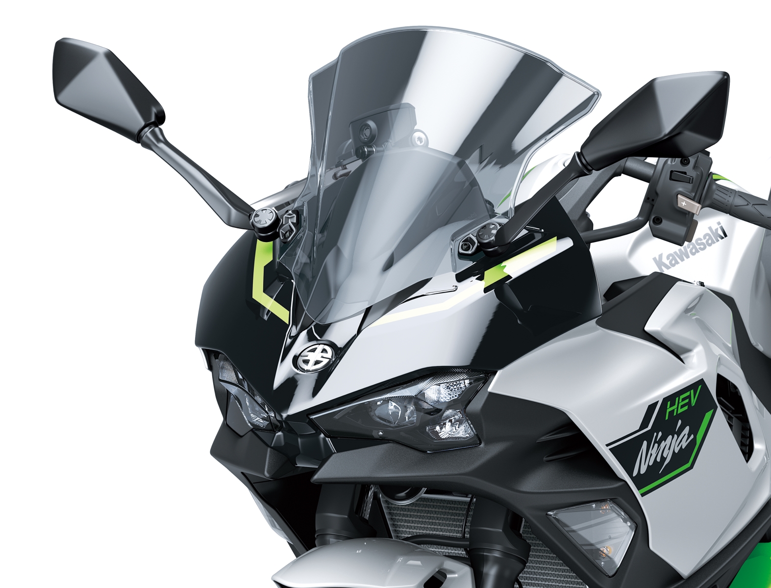 kawasaki ninja 7 hybrid modelo 2024 moto hibrida verde e branco detalhe farol e carenagem estatica no estudio