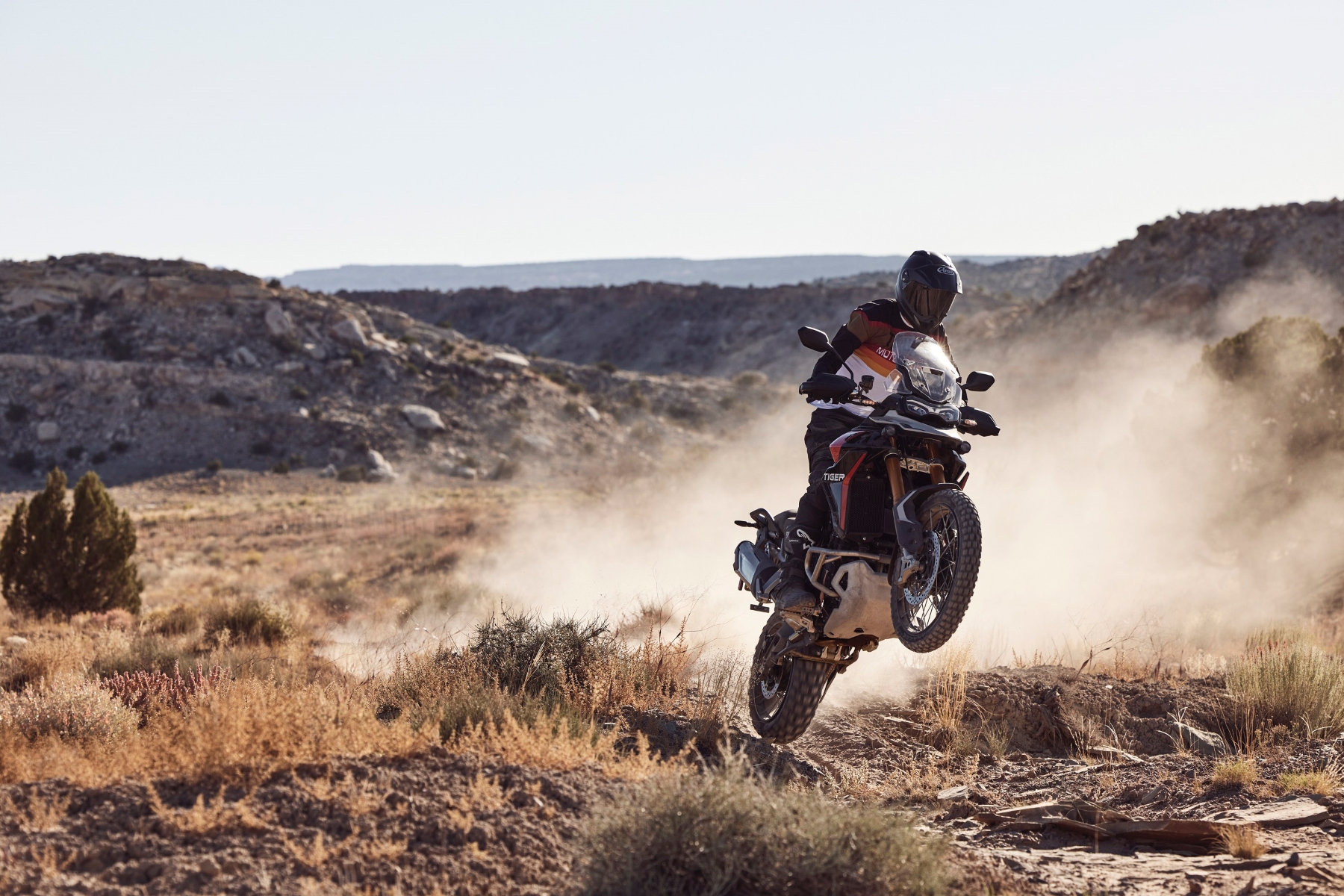 triumph tiger 900 modelo 2024 preto e vermelho de frente em movimento saltando na terra